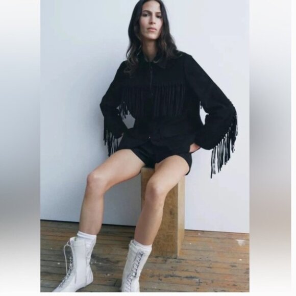 Zara Black Suede Leather Fringe Women's Jacket ZW Collection, S - Picture 16 of 16